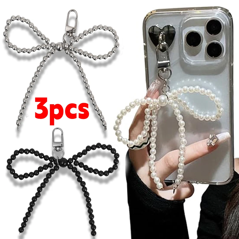 Pearl Bow Shaped Keychain Backpacks Bowknot Keyring Charm Mobile Phone Pendant Strap Chain Friendship Gift for Bag and Phones