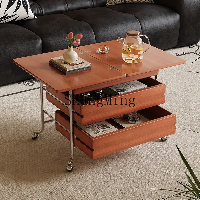 

FG antique solid wood multi-functional coffee table retro small apartment household folding trolley mobile storage side table