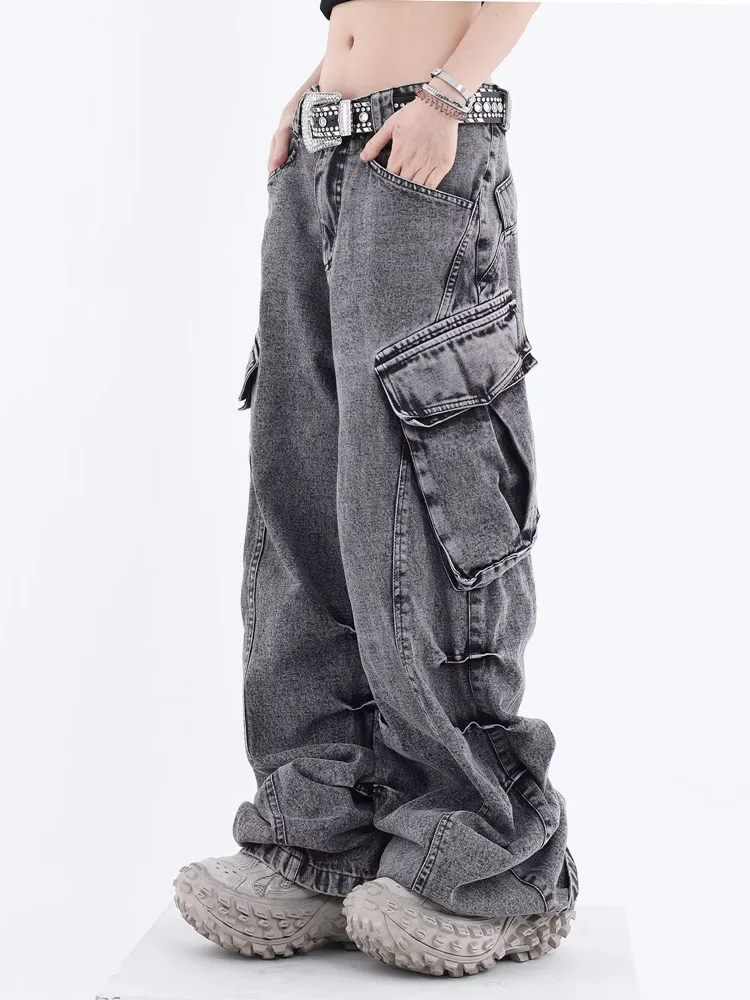 2023 Kanye Y2K Streettwear Vintage Grey Pleated Baggy Cargo Jeans Pants For Women Clothes Straight Lady Trousers Pantalon Femme