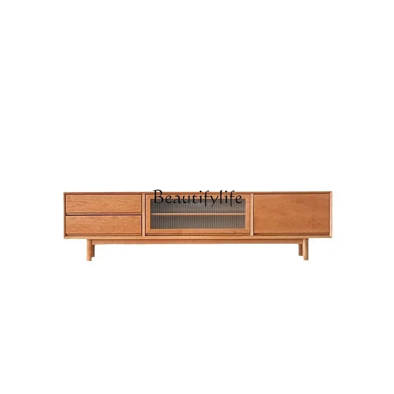 All solid wood TV cabinet white oak cherry wood coffee table combination living room Japanese log color floor cabinet