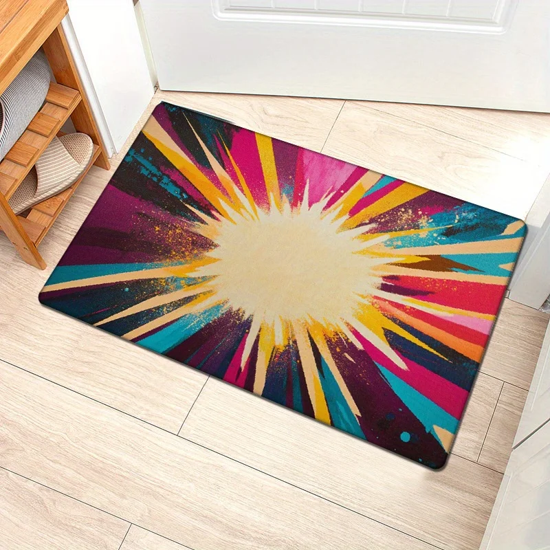 1pc Vibrant Abstract Sunburst Doormat - Colorful Radiation Pattern, Non-Slip, Absorbent, Durable Polyester, 0.47inch Thick, Idea