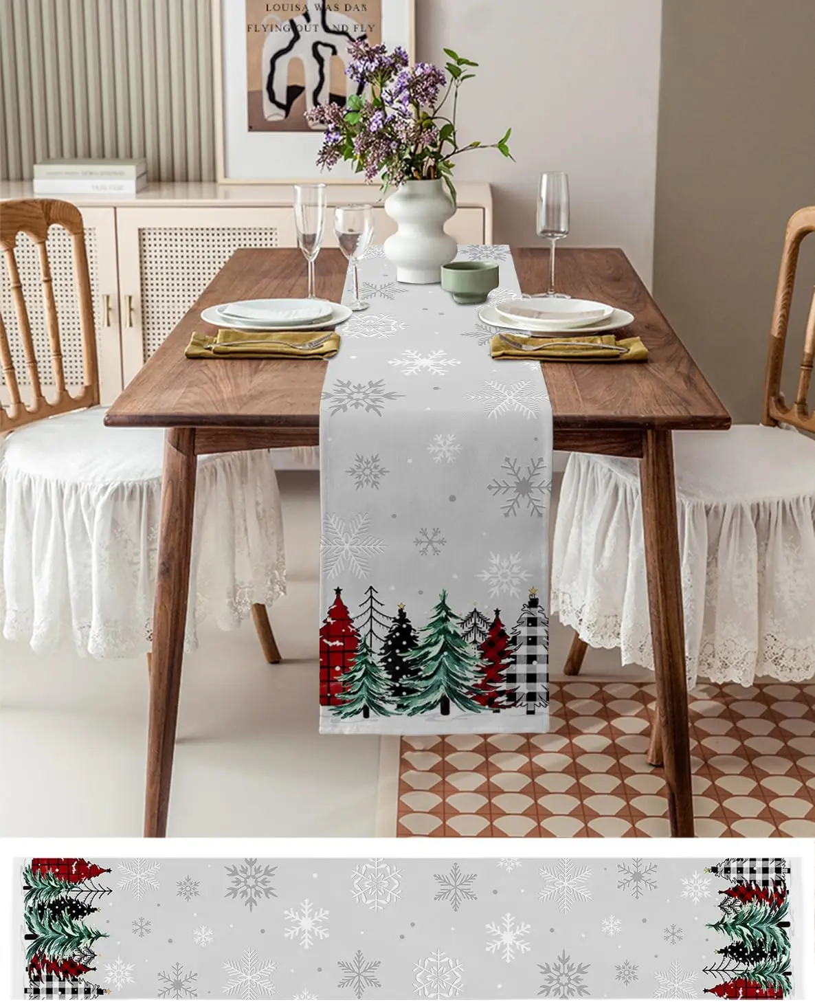 Christmas Tree Snowflake Buffalo Plaid Linen Table Runner Winter Xmas Party Decor Dresser Scarf Kitchen Dining Table Home Decor