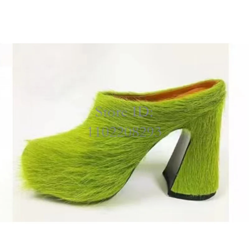 

Green Horsehair High Platform Slippers Round Toe Chunky High Heels Faux Fur Sandals 2024 Summer Women Fashion Mules Shoes