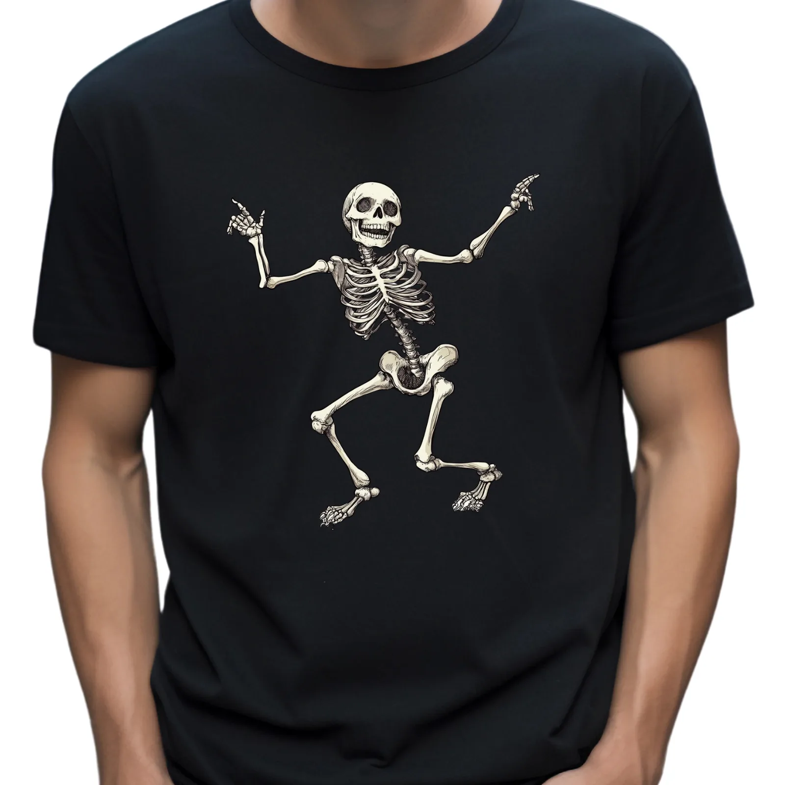 T-shirt unisex Happy Skeleton, maglietta scheletro di Halloween, bianca, nera, grigia