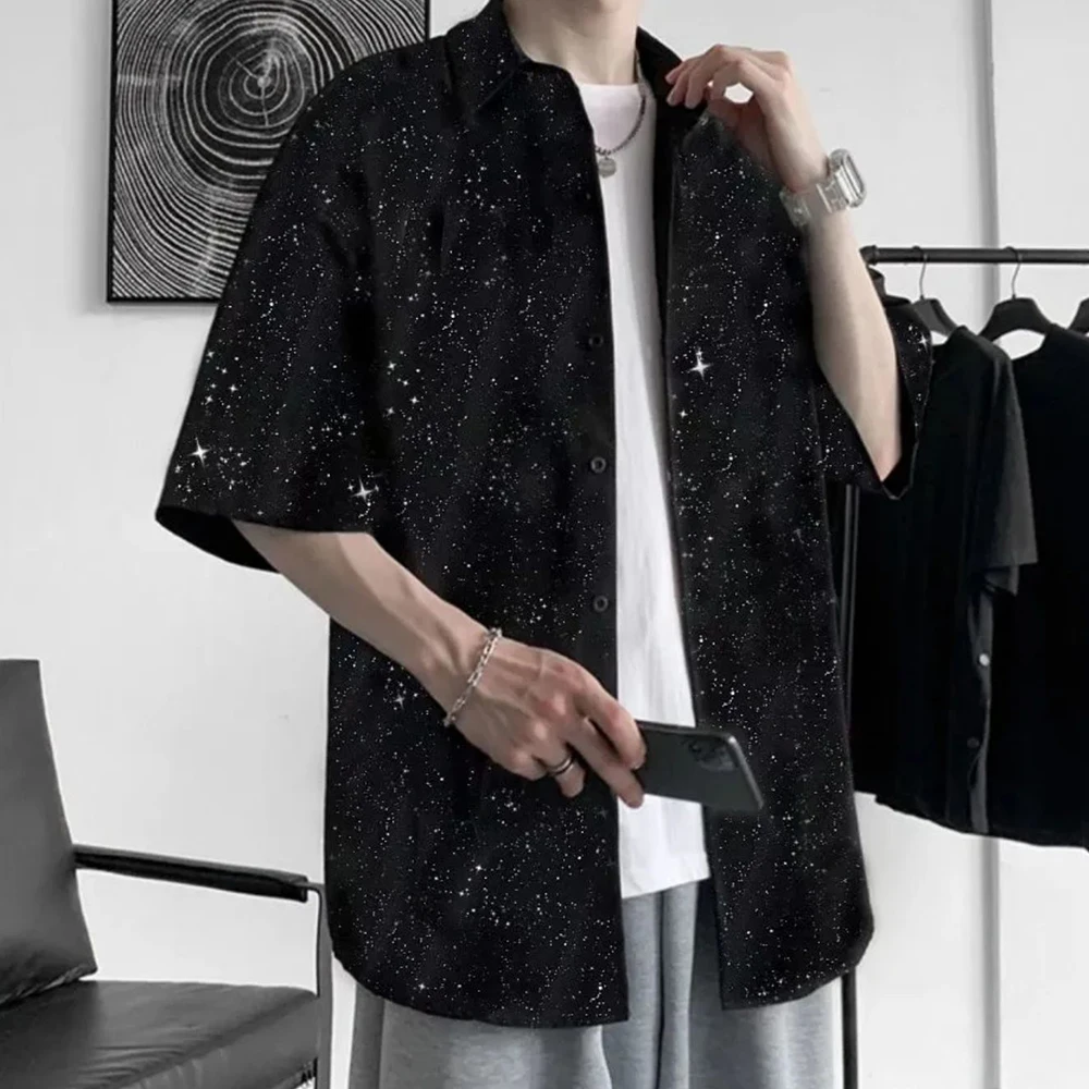 Printed Star Shirts Men Loose Fashion Trendy Retro Harajuku Shorts Sleeve Casual Streetwear Korean Hip Hop