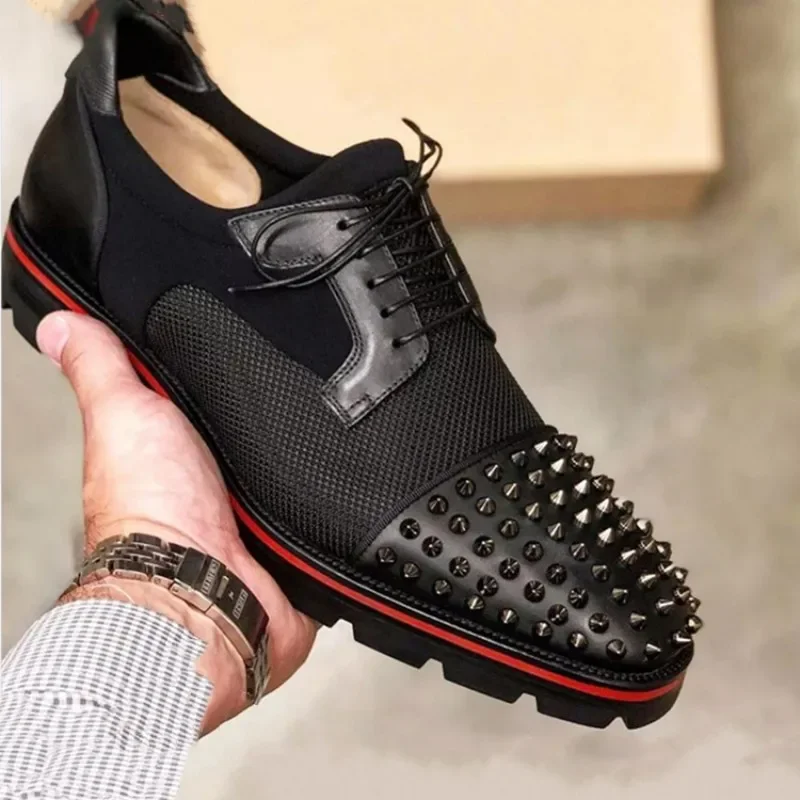 Men Shoes Punk Rivet Black Lace-up Breathable Casual Fashion Handmade Shoes for Men with Men Dress Shoes