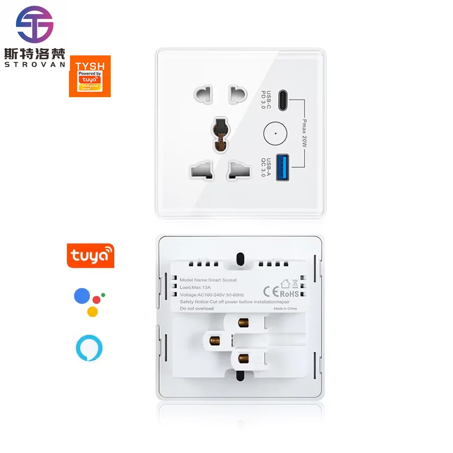 

STLF Ai Tuya Smart Life Alexa Voice Control 13A Wifi Smart Wall Socket Outlet With Usb Type-c Universal Wall Socket