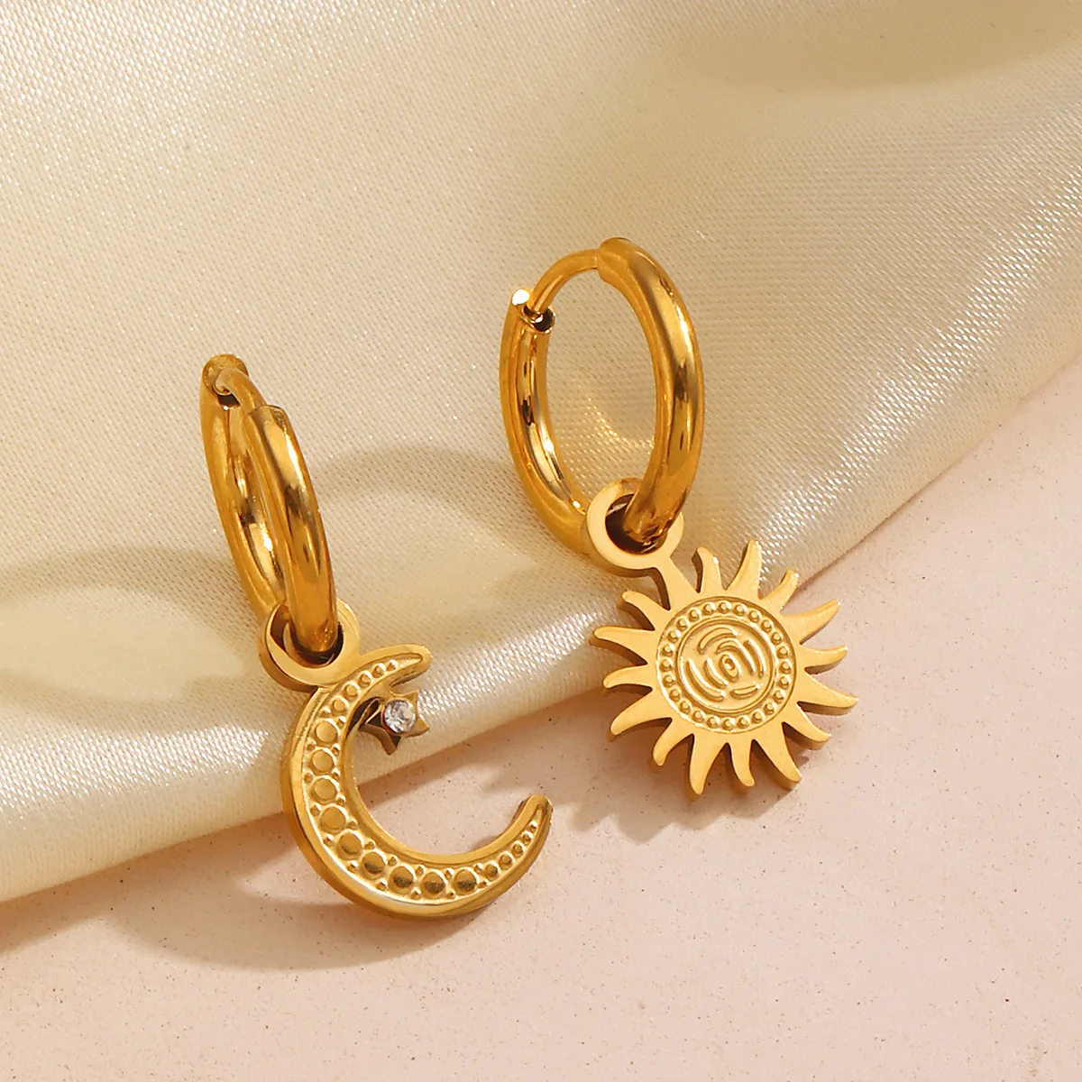 1Pairs Bohemian Chic Asymmetric Sun Moon Huggie Earrings Gold Plated Stainless Steel for All Occasions Non Tarnish Jewelry
