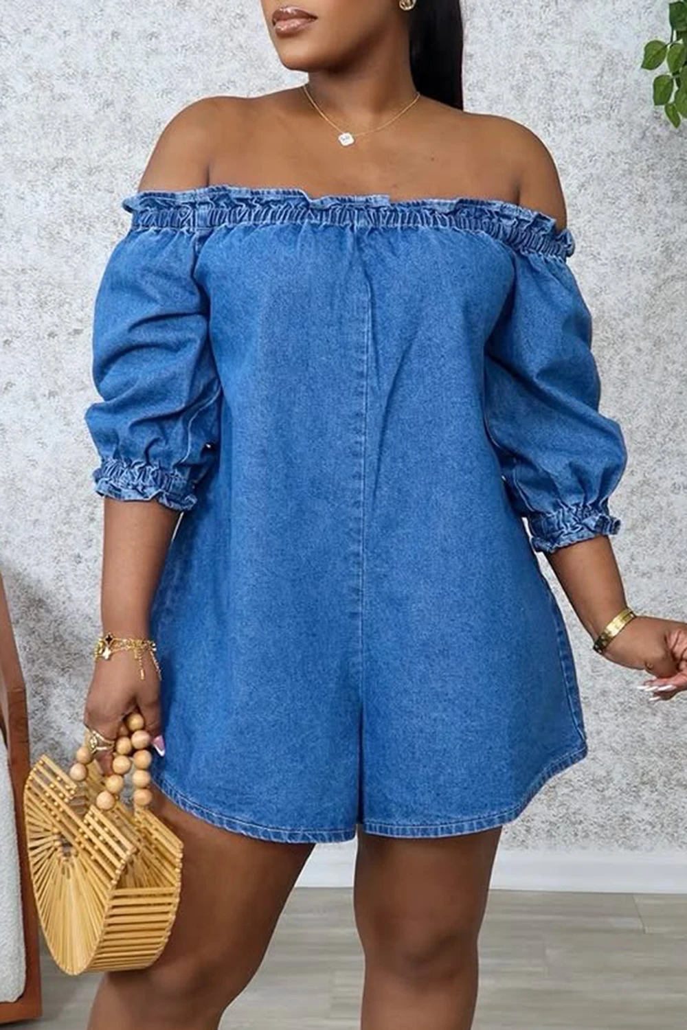 

Plus Size Vacation Blue Casual Off The Shoulder Puff Sleeve Half Sleeve Pocket Denim Rompers