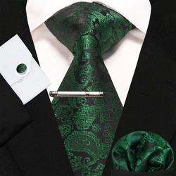 Ensemble de pinces à cravate Paisley bleu vert pour hommes, 8cm de large, en soie, avec poches, boutons de manchette carrés, cadeaux de noël