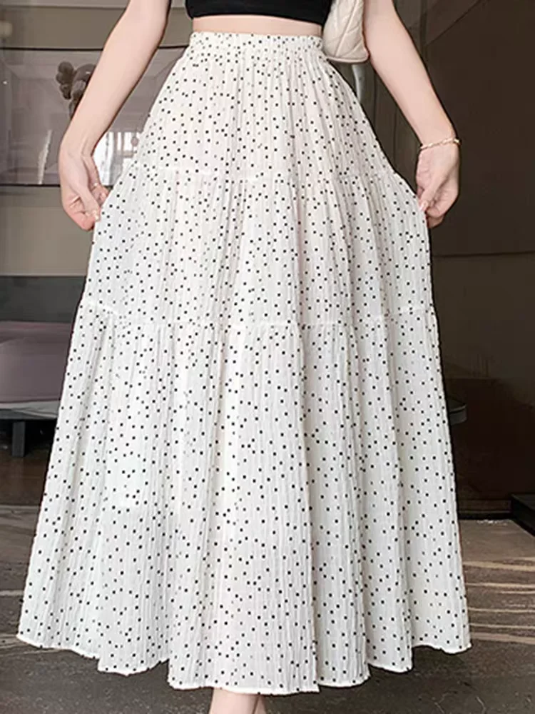Polka Dot Chiffon Skirt High Waist A-Line Flared Hem Ruffle Pleated Detail, Spring Summer Vintage Style Skirts for Petite Women