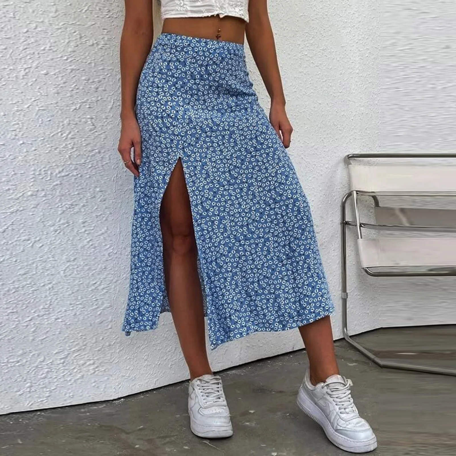 

Vintage Flower Skirt 2024 Polka Dot Print High Waist Stretch Side Split Long A-Line Skirts For Women Fashion Daily Maxi Skirt