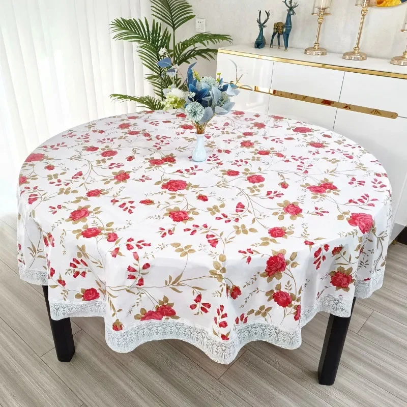 Pvc Flower Printed Round Tablecloth with Lace American Country Waterproof Table Cover Anti-Stain Furniture Protector for Party