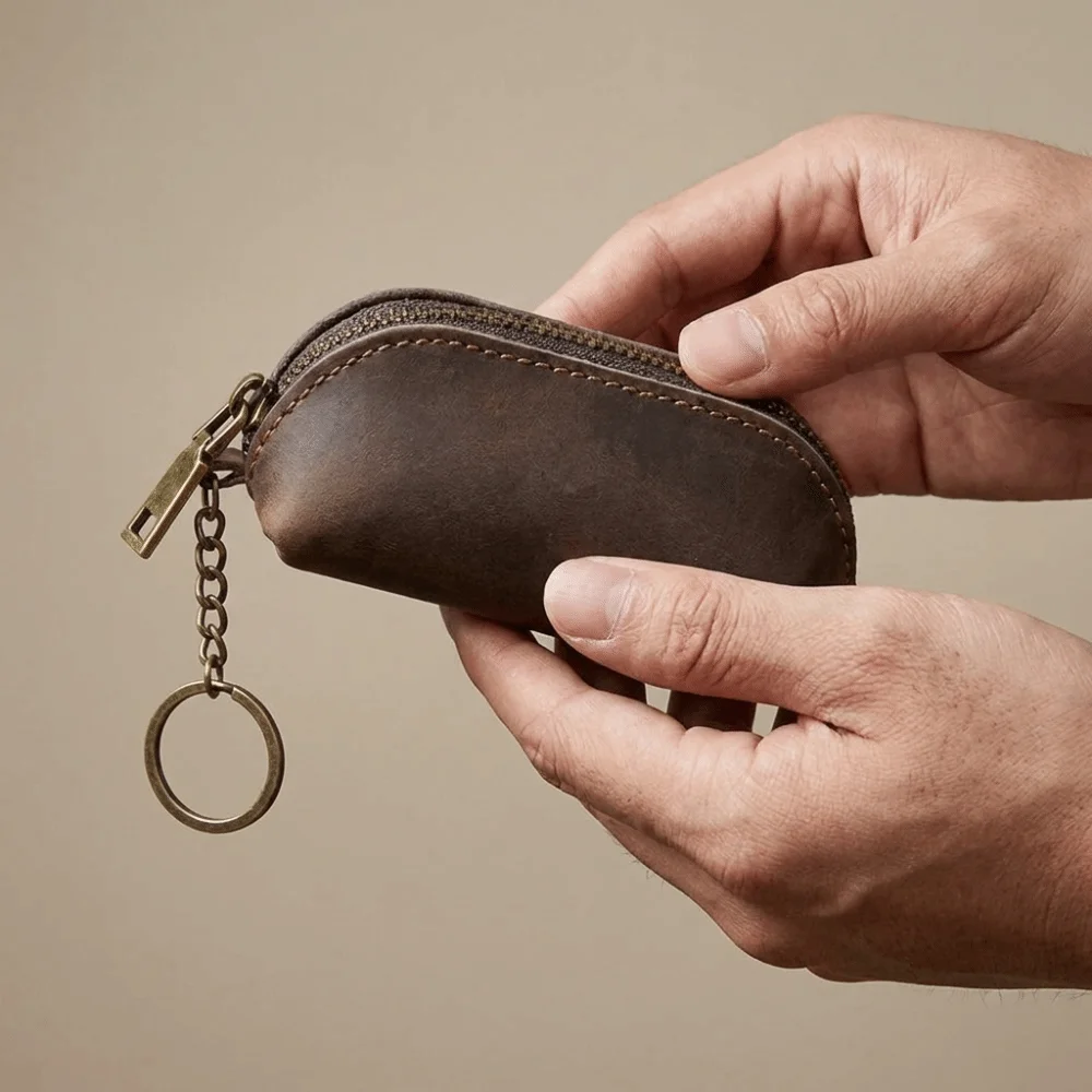 Portable Anti-lost Mini Leather Coin Purse Thin Zipper Men Key Ring Pouch Solid Color Credit Card Holder Car Key Bag Storage