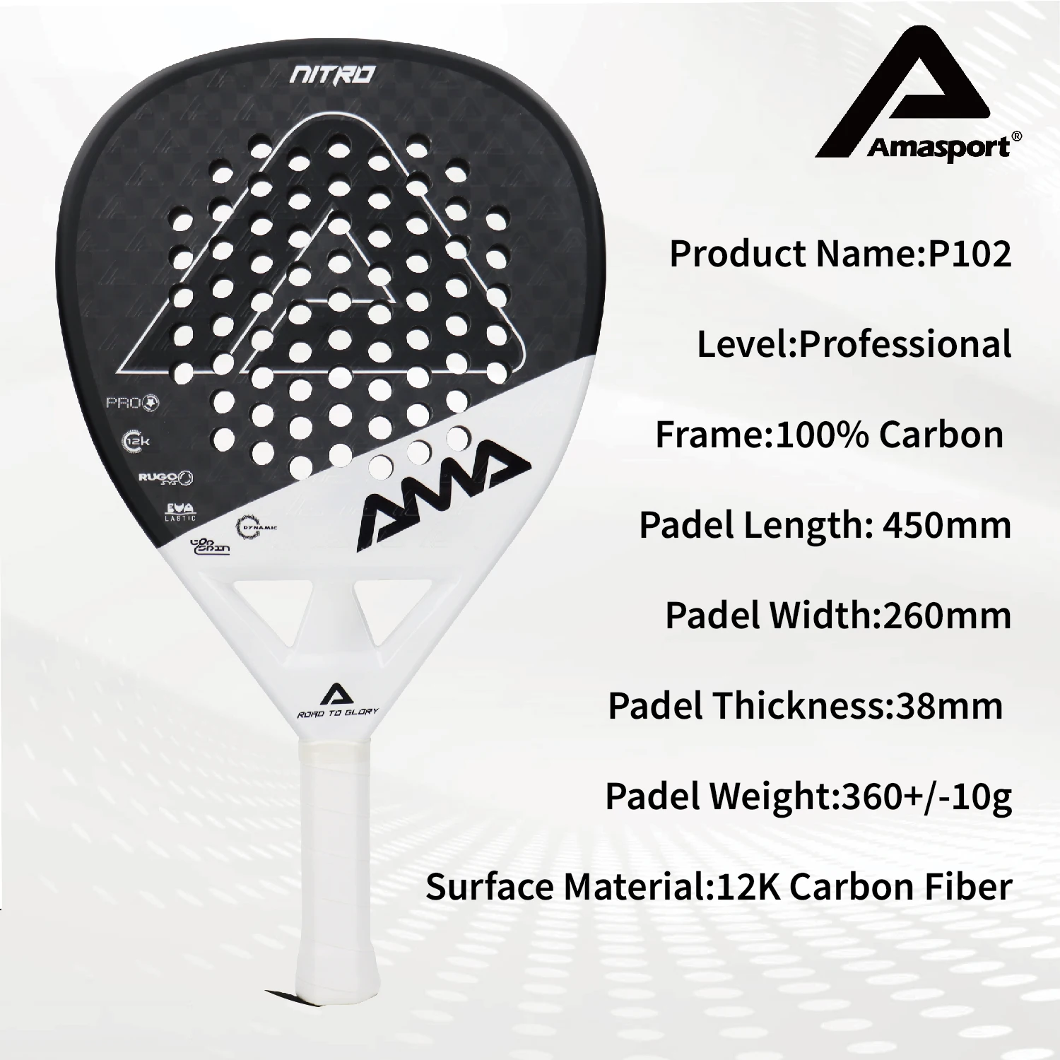 AMASport Tennis Paddle Racket Padel 12K Carbon Fiber Surface with EVA Memory Flex Foam Core-Even Balance Point-Power and Control