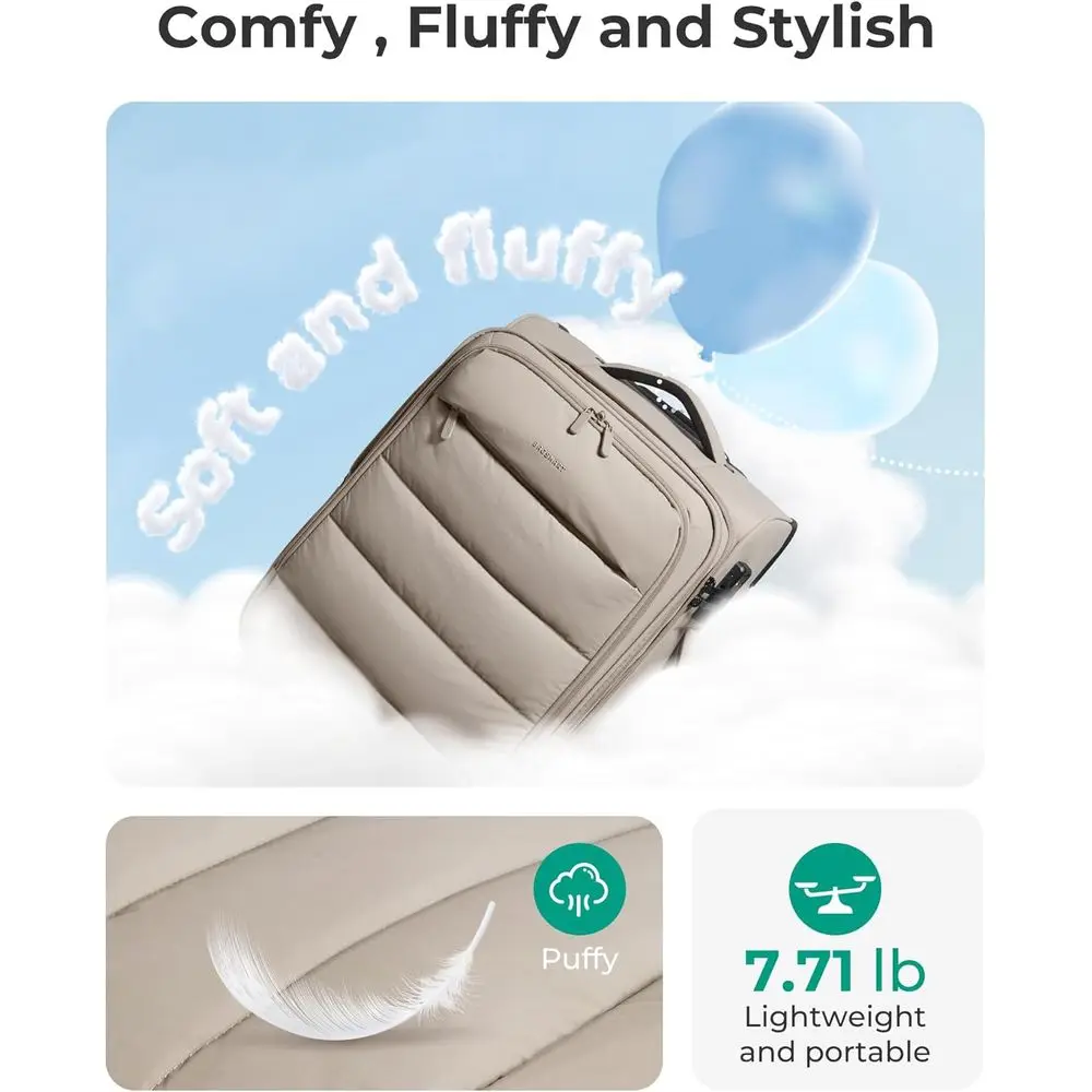 20 Lightweight Spinner Carry-On Suitcase, Airline Approved, PVC Pockets, Camel