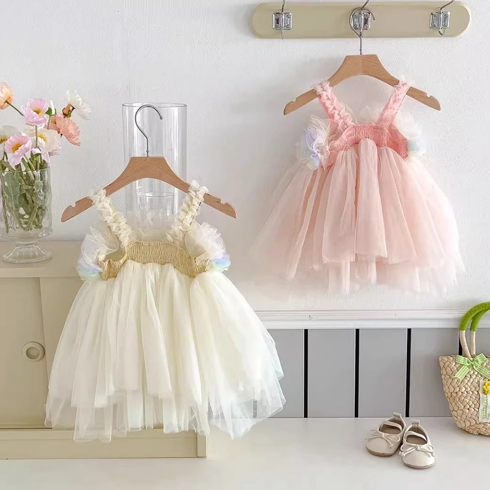Rainbow Summer Kids Girls Mesh Slip Dress Fuffy Tulle Tutu Toddler Princess Dresses