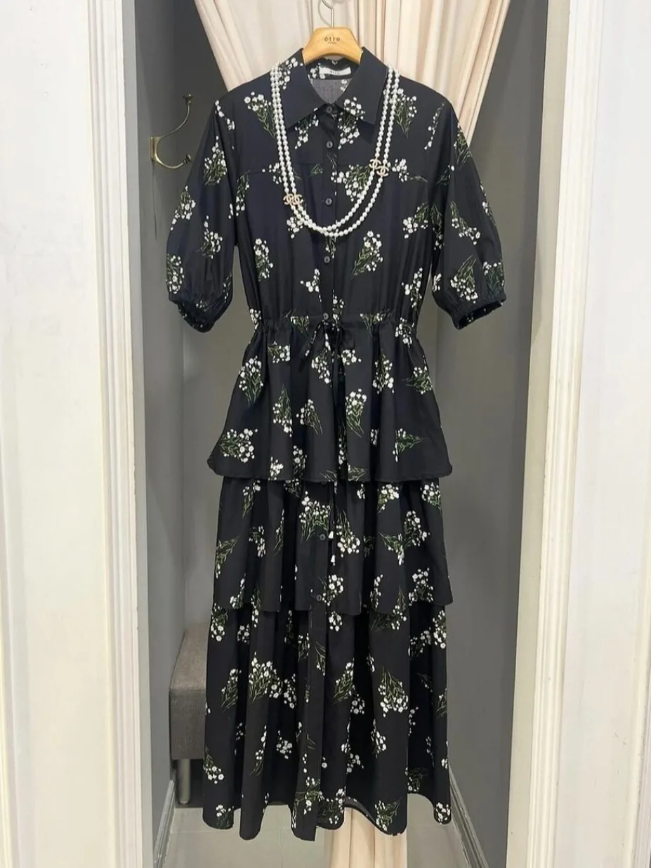 Vestido e con falda de pastel Floral y lazo en la cintura, lazos de manga media, cuello redondo, vestido largo en form...