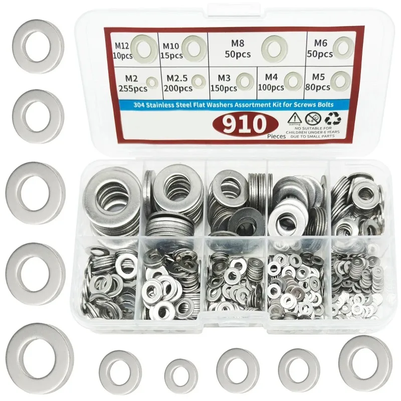 304 Stainless Steel Flat Washers 910Pcs M2-M12 9 Assorted Sizes Box Kit Hardware For Screw Bolt Surface Damage Protection