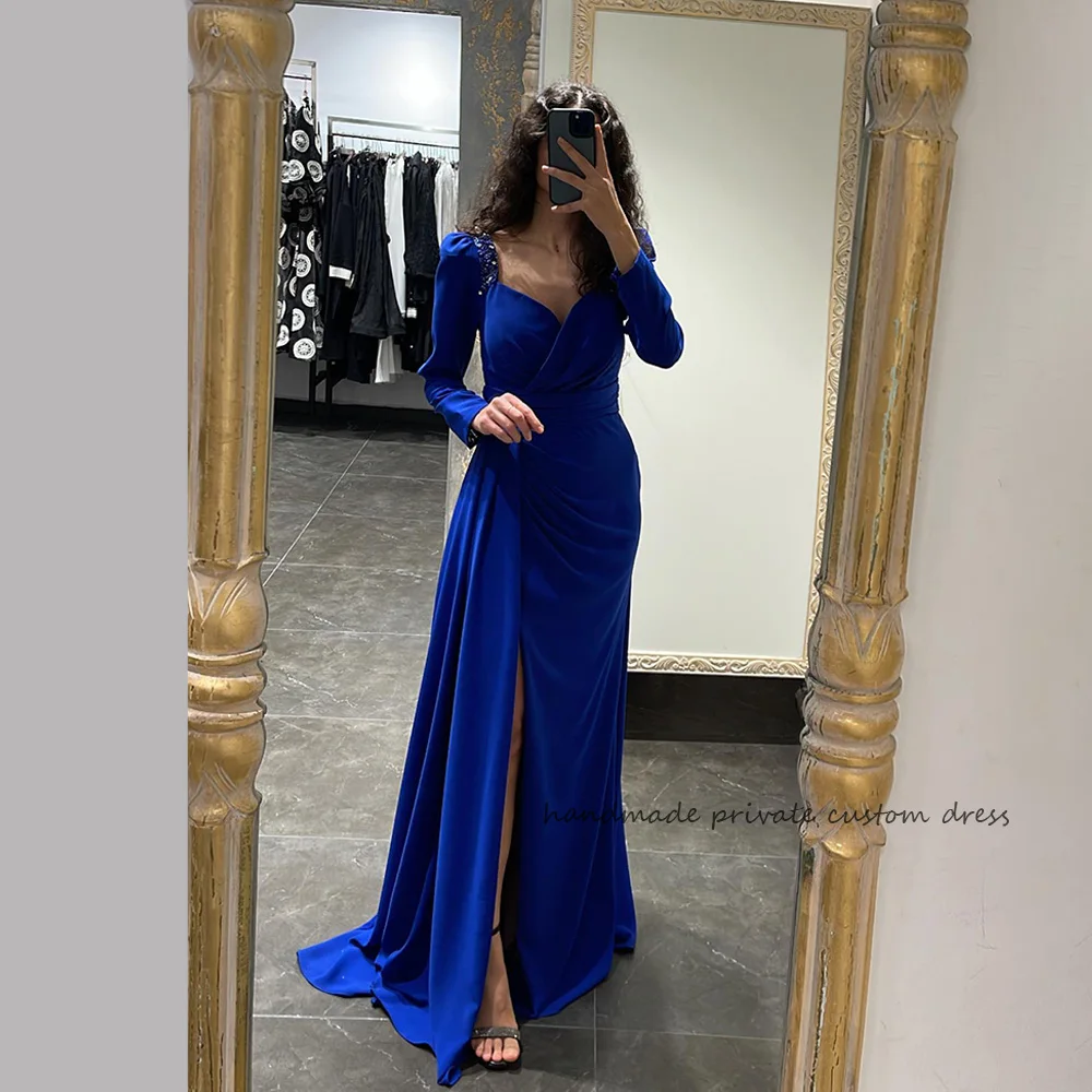 

Royal Blue Mermiad Saudi Arabic Evening Dresses Long Sleeve Beads Spandex Satin Side Split Dubai Formal Prom Dress with Train