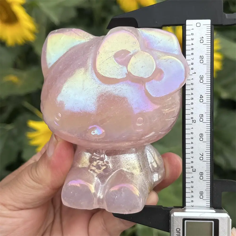 9.8cm Natural Crystal Aura Rose Quartz Sanrio Hello Kitty KT Cartoon Cat Carving Polished Healing Figurine Home Decor Craft Gift