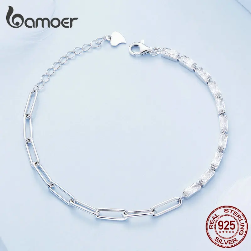 Bamoer 925 Sterling Silver Square Zircon Tennis Bracelet Chain Splice Bracelet for Women Valentine's Day Gift Jewelry BSB101