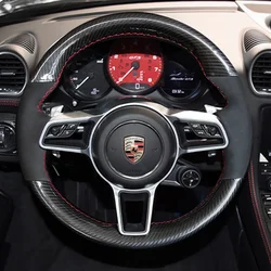 For Porsche Cayenne Cayman Macan Panamera 718 911 Stitch Black Leather DIY Hand Sewn Steering Wheel Cover Interior Handle Cover