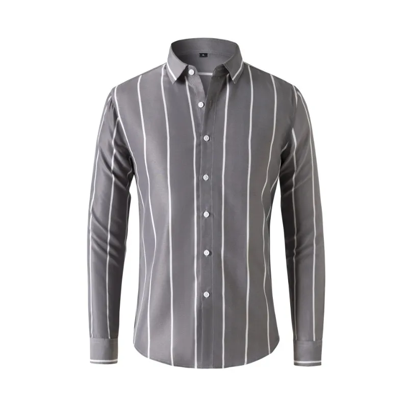 

Button-up Shirt Men Business Shirt Elegant Striped Men's Cardigan Shirt with Turn-down Collar Slim Fit Design Formal for Plus