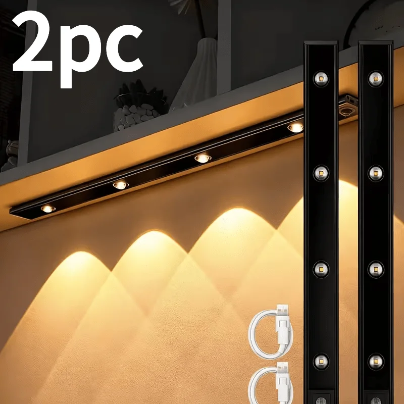 LED Motion Sensor Light Strip, Rechargeable Under Cabinet Lamp, Smart Induction Wardrobe Night Light for Kitchen Closet 2Pcs