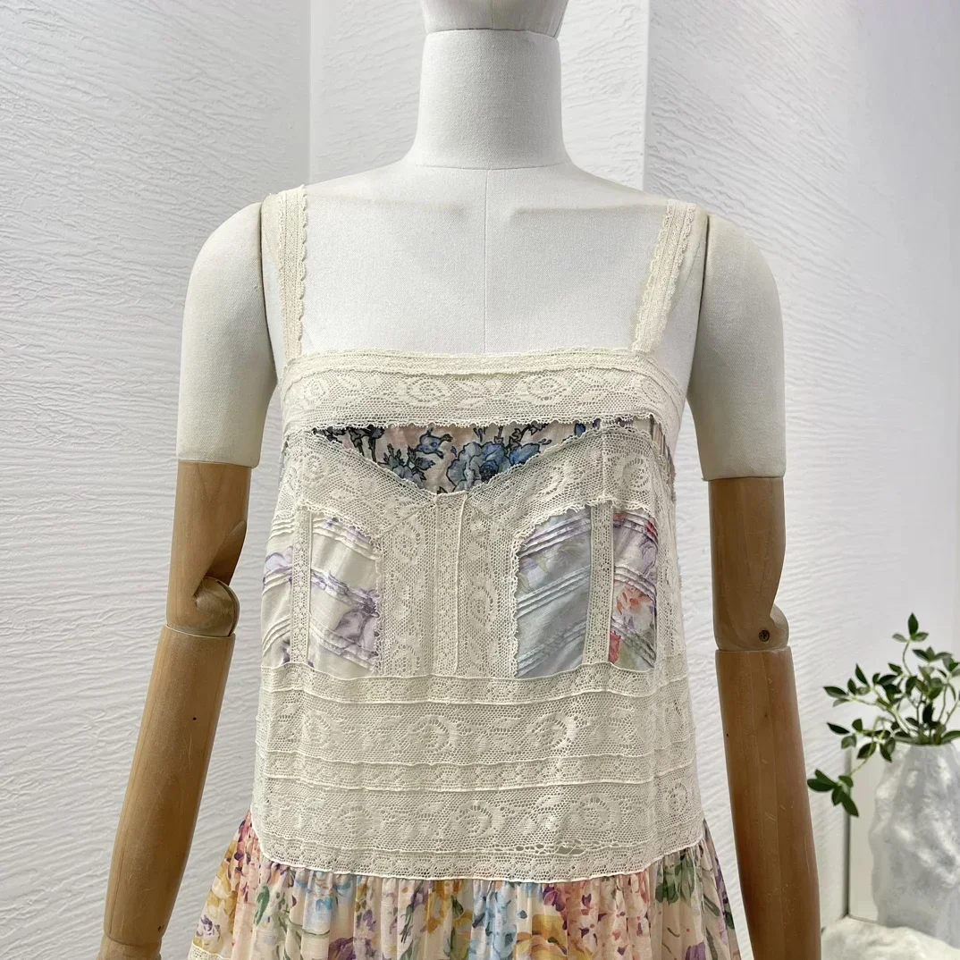 Robe mi-longue en dentelle de coton vintage pour femme, imprimé floral à volants, camisole trapèze, tube patchwork, nouveau, 2024