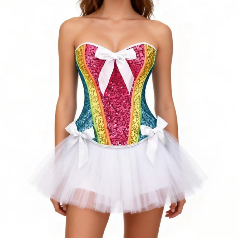 Corsé Sexy con Lazos Blancos y Lentejuelas Arcoíris, Corsé Victoriano con Cierre de Gancho y Ojo, Corsé de Lujo, Ropa Gótica para Mujer, Bustier para Fiesta