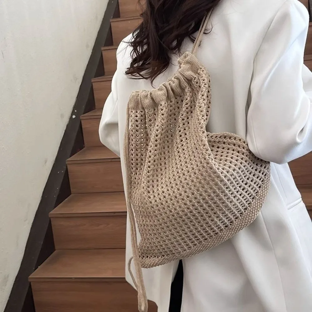 Bohemian Style Solid Color Crochet Backpack Hollow Out Versatile Shoulder Bag Large Capacity Drawstring Bag Travel Use