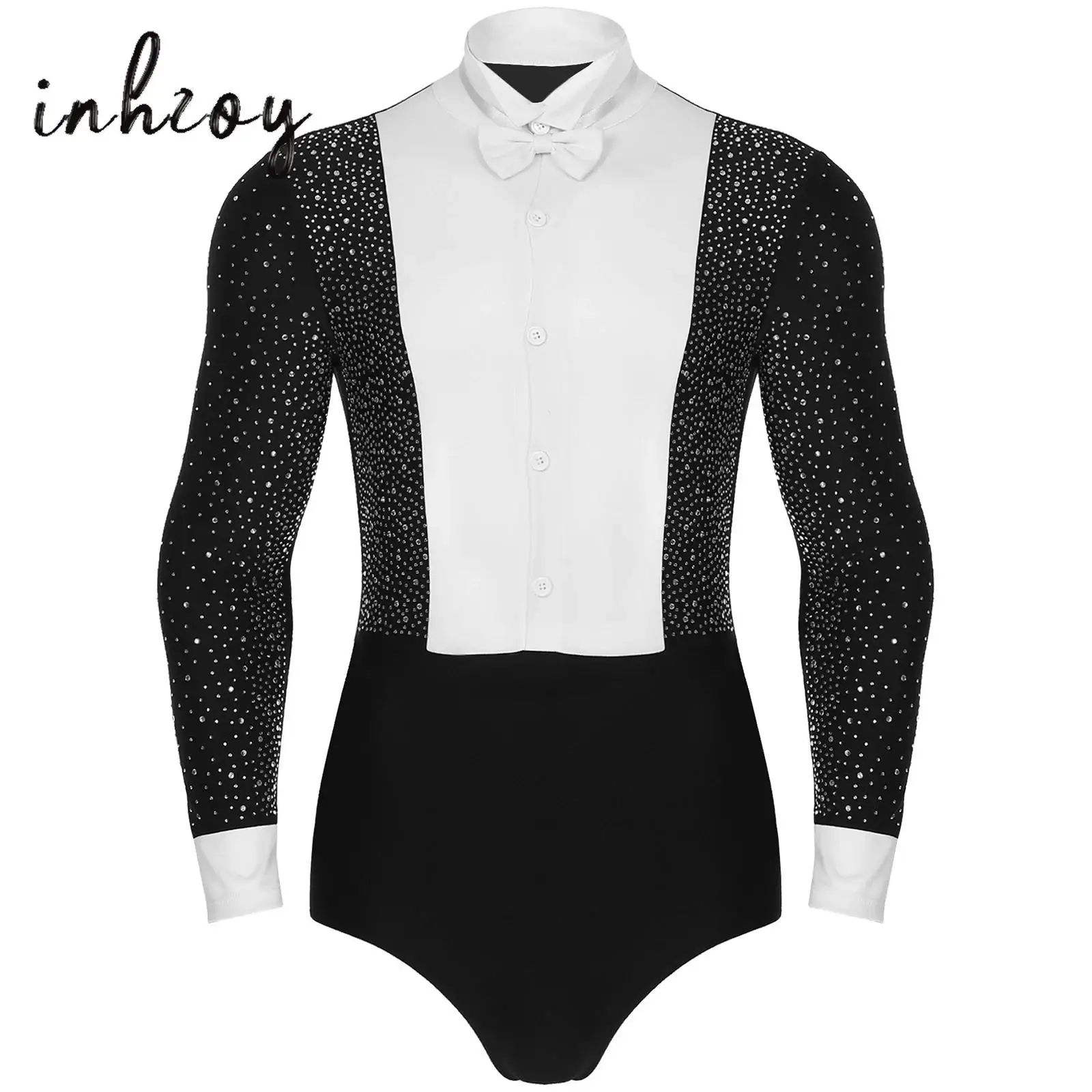 

Mens Long Sleeve Dance Shirt Bodysuit Shiny Rhinestones Button Latin Tango Rumba Modern Dance Leotards Shirt Tops Dance Costumes