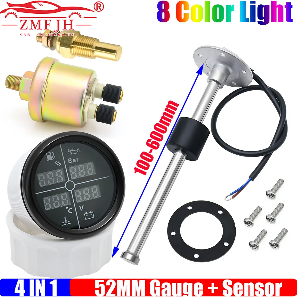 

ZMFJH 8 Color LED Multifunctional 52mm Fuel Level Gauge+Oil Pressure+Water Temperature+Voltmeter with Sensor 0-190ohm 100-600mm