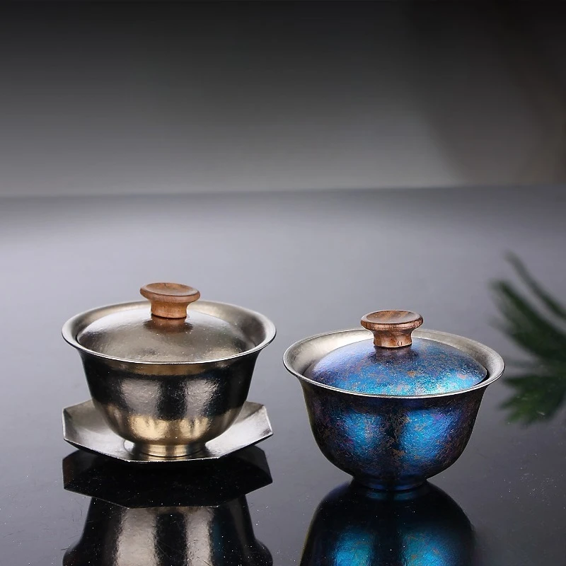 

Pure Titanium Kung Fu Tea Cup and Saucer Teacup New Year Gift Decorative Chinese Gaiwan Tea Set Brass for Office Kitchen Travel