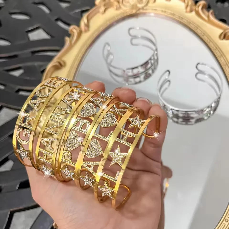 

QiCai Custom Name Bracelet Stainless Steel Custom Zircon Letter Bracelet Opening Adjustable Full Diamond Letter Bracelet Women