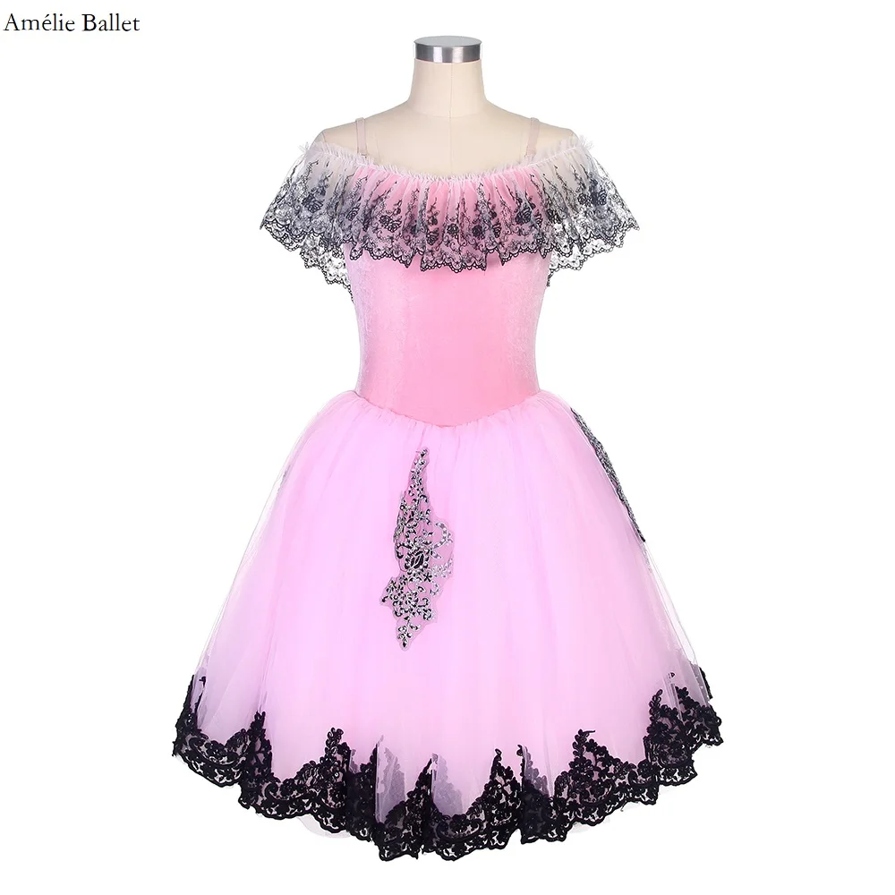 22106 Adult Child Romantic Tutu Skirt Pink Velvet Bodice Attached Long Tutu Skirt with Black Lace Trim Stage Performance Costume