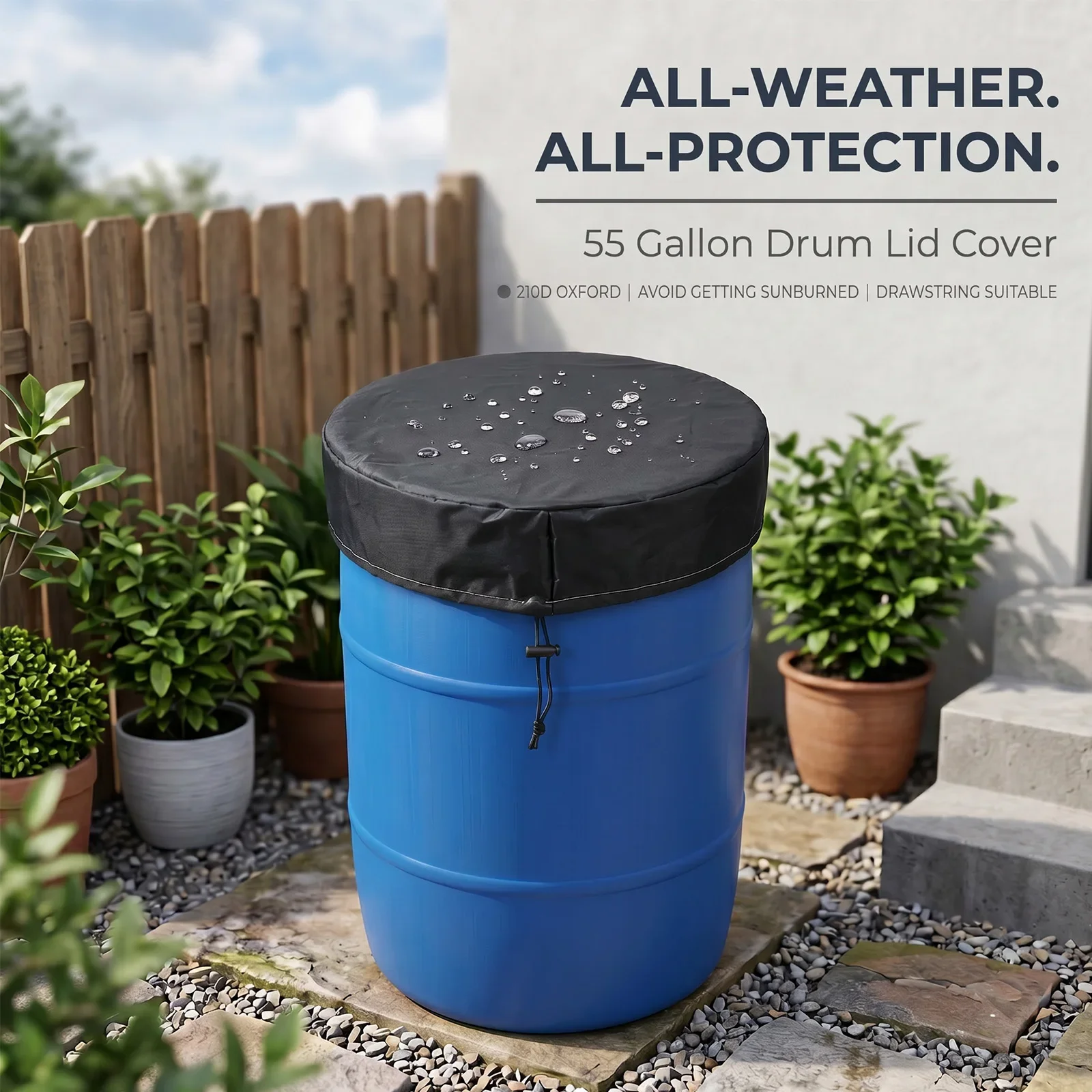 55 Gallon Drum Cover 210D Oxford Cloth Waterproof Trash Can Cover with Stretchable Adjustable Drawstring Water Barrel Lid Cover