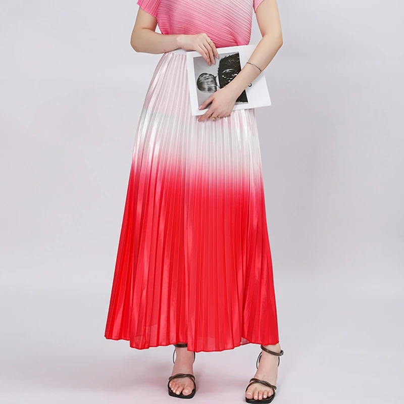 

Tie-Dye Satin Silk Pleated Skirt Women Fashion Elastic Waist Gradient Work Dance Beach Party Long Skirt Summer Spring Autumn