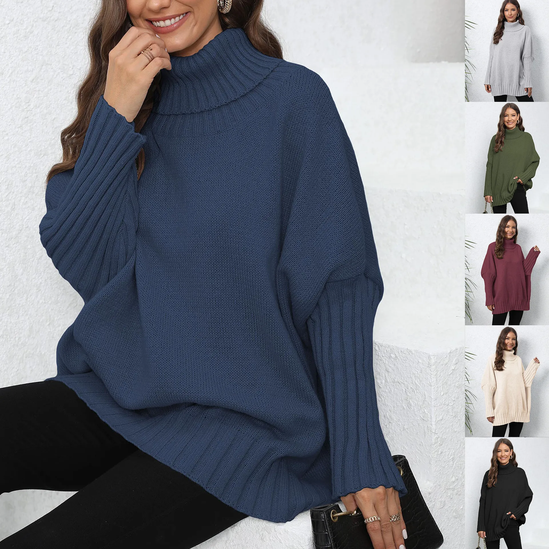 

Sweater Women Turtleneck Pullover Knitting Top Batwing Sleeve Knitted Tops Jumper Office Lady Autumn Winter 2025 Knitwear