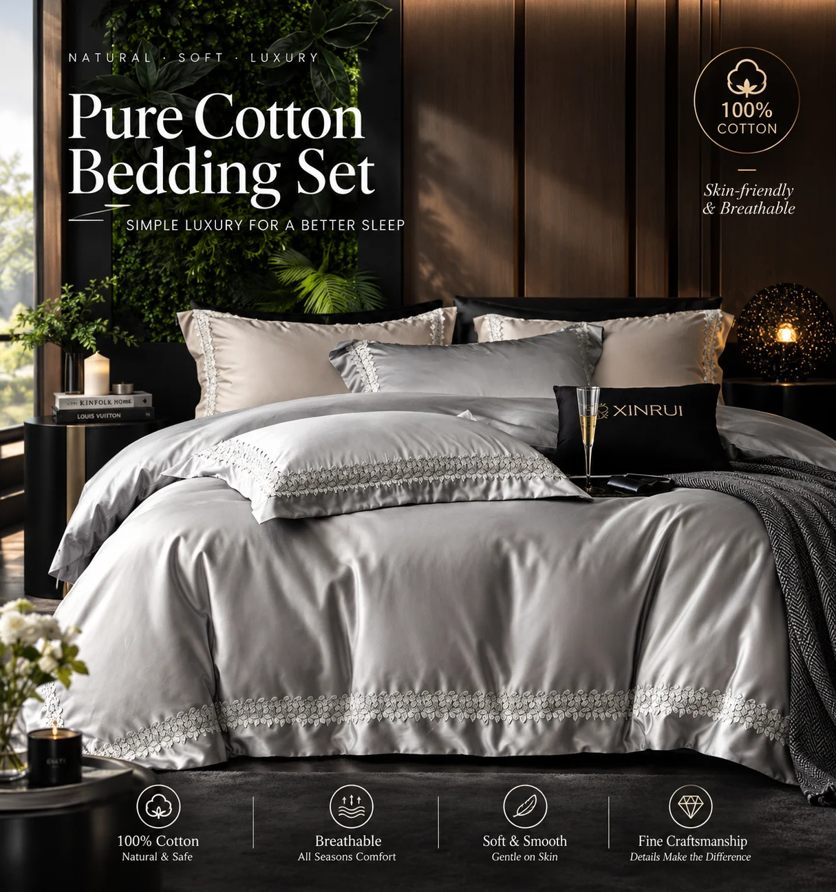 100% Cotton Bedding Sets and Components – 4 Piece Bed Linen Duvet Cover Flat Sheet Pillowcase Queen King Soft Breathable