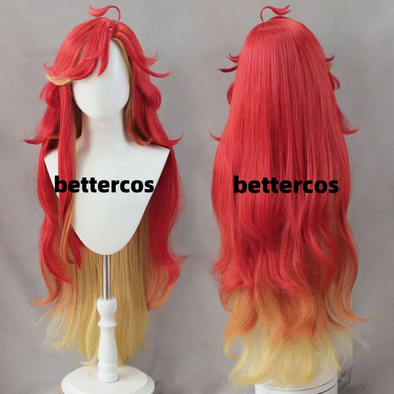 Mavuika Cosplay Wig Game Long Curly Wave Red Yellow Mixed Wig Heat Resistant Synthetic Hair Halloween Anime Wigs + Wig Cap