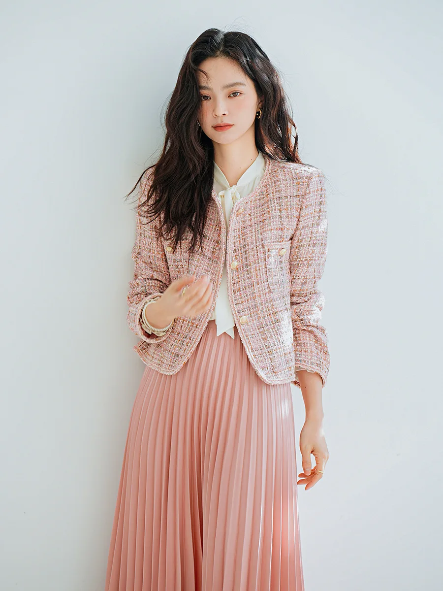 

Spring New Soft Flower Yarn Knitted Pink Small Fragrant Suit Women's Short Coat 15239 Half-skirt