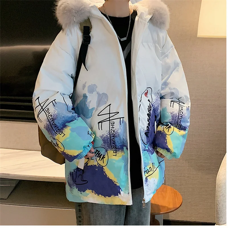 2023 Autumn New Youth Fashion Trend Handsome Hooded Printed Cotton Coat Men's Casual Versatile Warm Cotton Coat