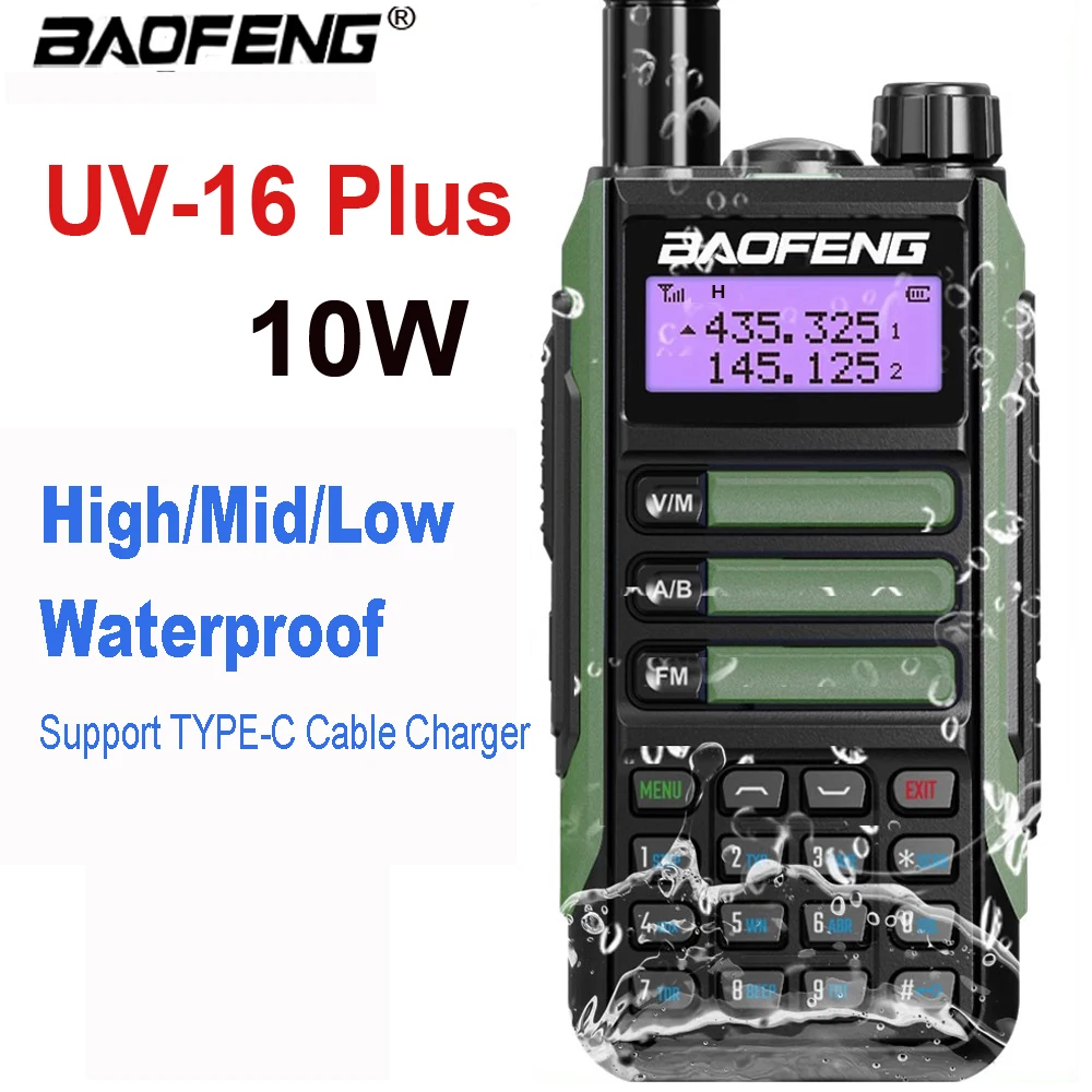 

BAOFENG UV-16 Walkie Talkie Tri-Band 10 KM Powerful Waterproof VHF/UHF CB Ham Dual Band Professional Two Way Radio USB-C Charger