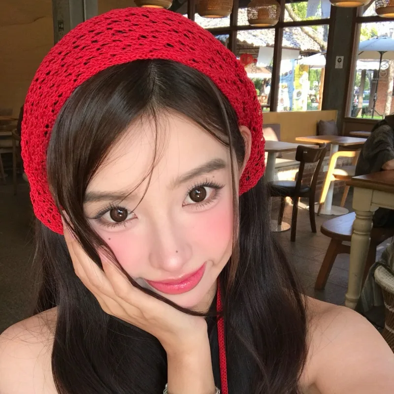 

Корейский простой однотонный ажурный дышащий вязаный треугольный шарф для женщин, универсальная повязка на голову для весенне-летнего отдыха