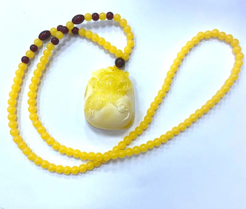 Natural 6mm Mexican Amber Beeswax + 37*46*22mm Amber Lucky Bag Pendant Necklace+ 100% Certificate