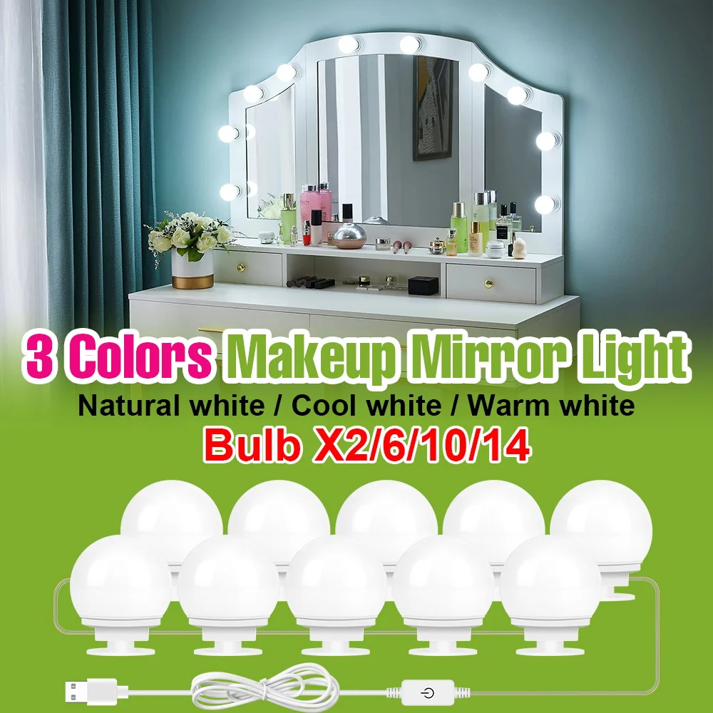 LED Mirror Lights 3 Colors Makeup Lamps 5V Dressing Table Lamp USB Touch Dimmable Bathroom Bedroom Decoration Lighting