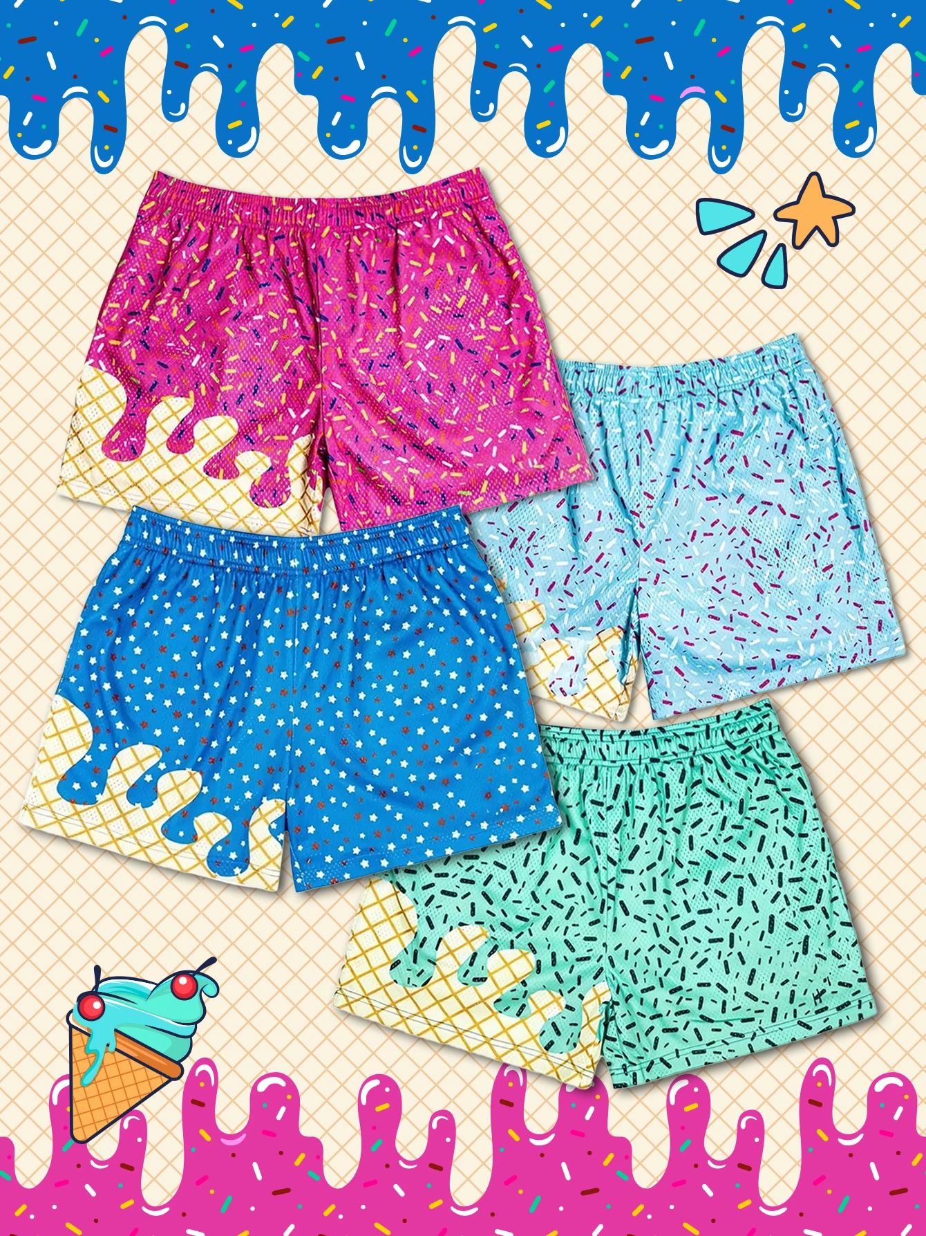 Y2k الوردي الآيس كريم السراويل للنساء اليوغا السراويل مريحة شبكة النسيج السائق السراويل للجنسين شورت كشكش