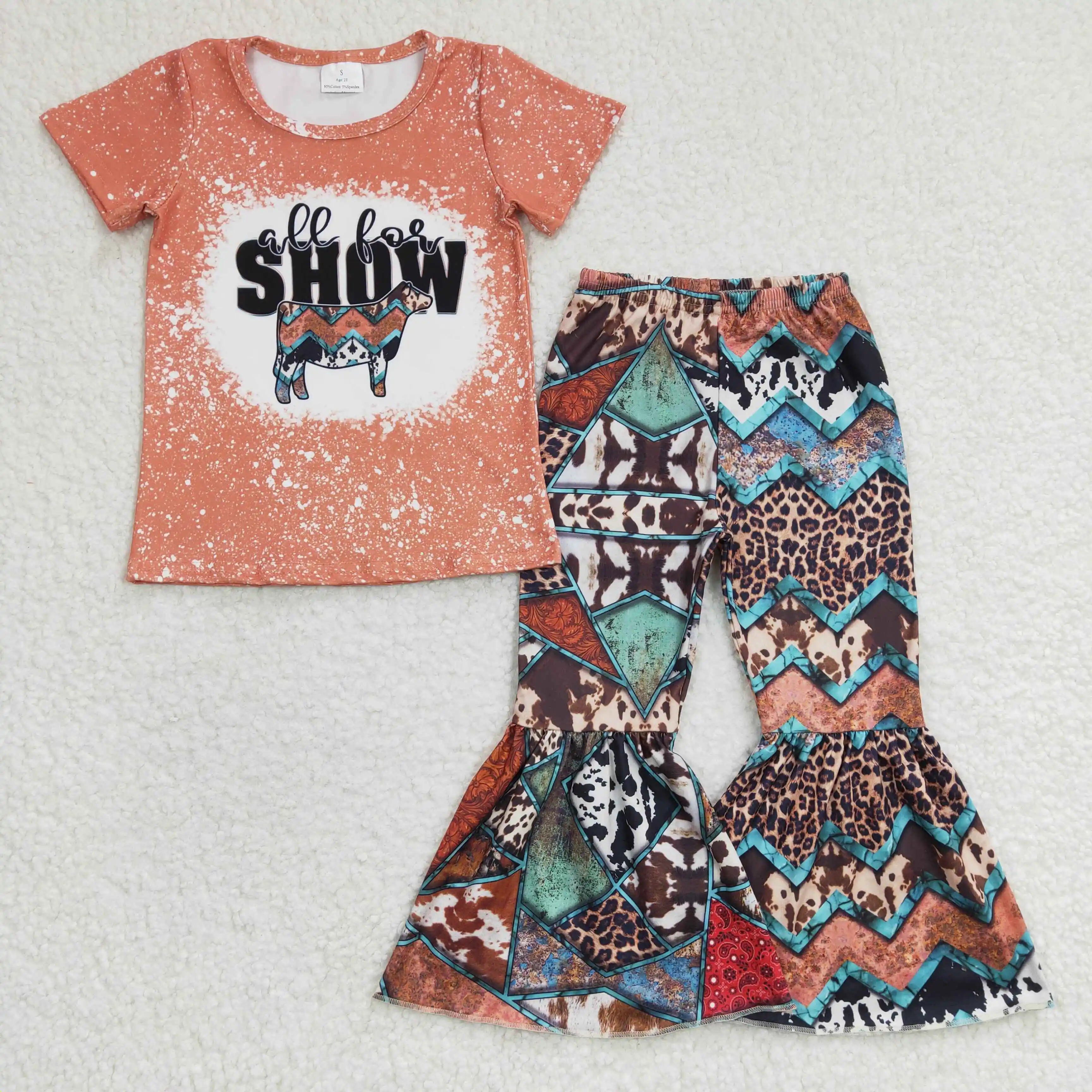

Z801-8 GSPO0457 Toddler Girls Clothes Short Sleeve Top With Bell Bottom Pants Cow Print Kids Sets